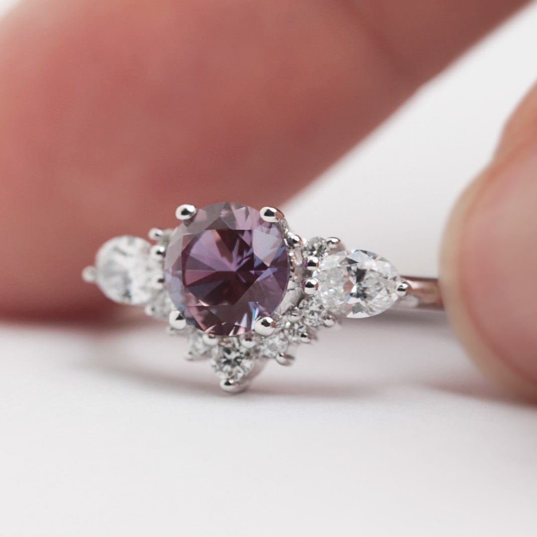 Alexandrite and lab diamond cluster engagement ring white gold