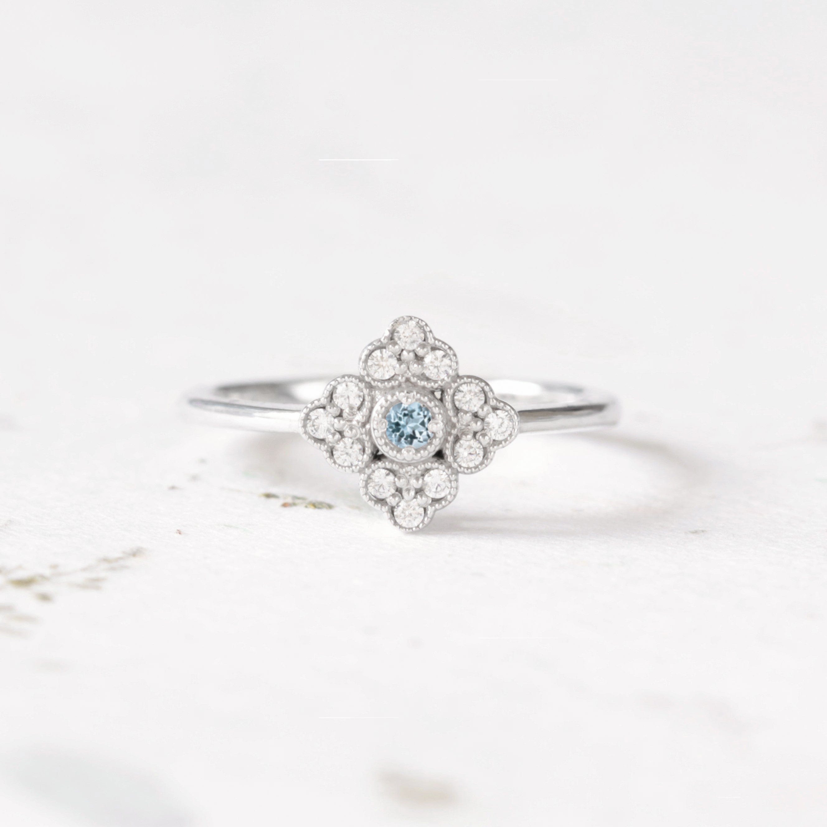 antique style aquamarine diamond engagement ring white gold