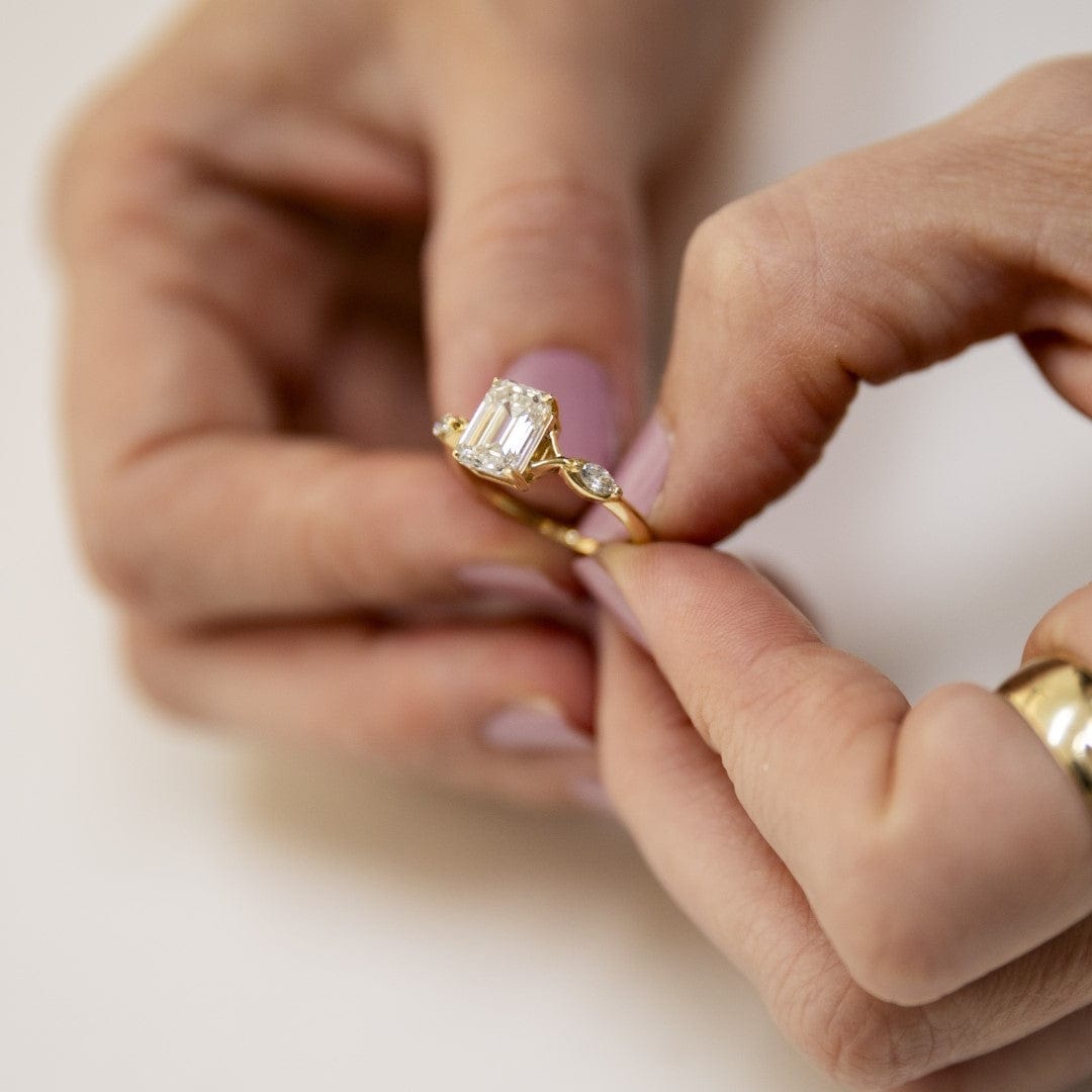 emerald cut lab diamond unique engagement ring yellow gold crown ring