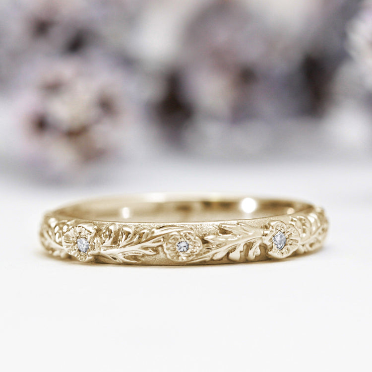 Diamond Trio Poppy Flower Leaf Wedding Band - Vinny & Charles