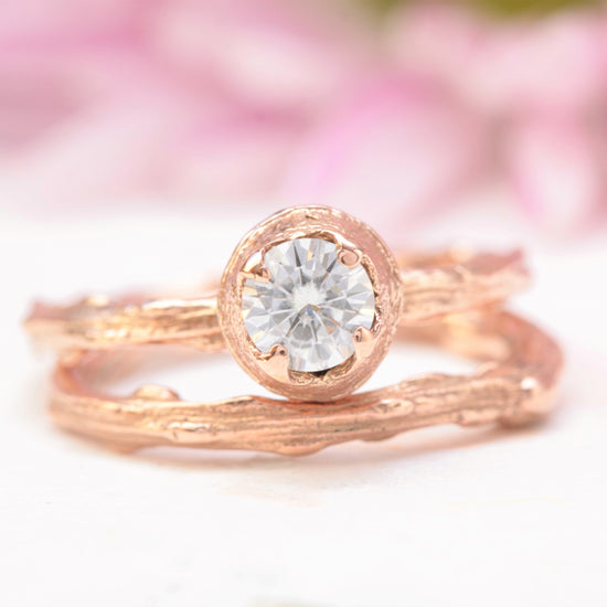 rose gold nature inspired moissanite engagement ring