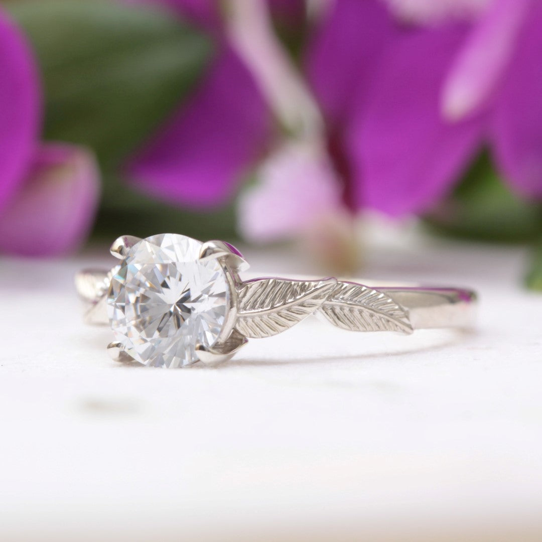 moissanite leaf engagement ring white gold