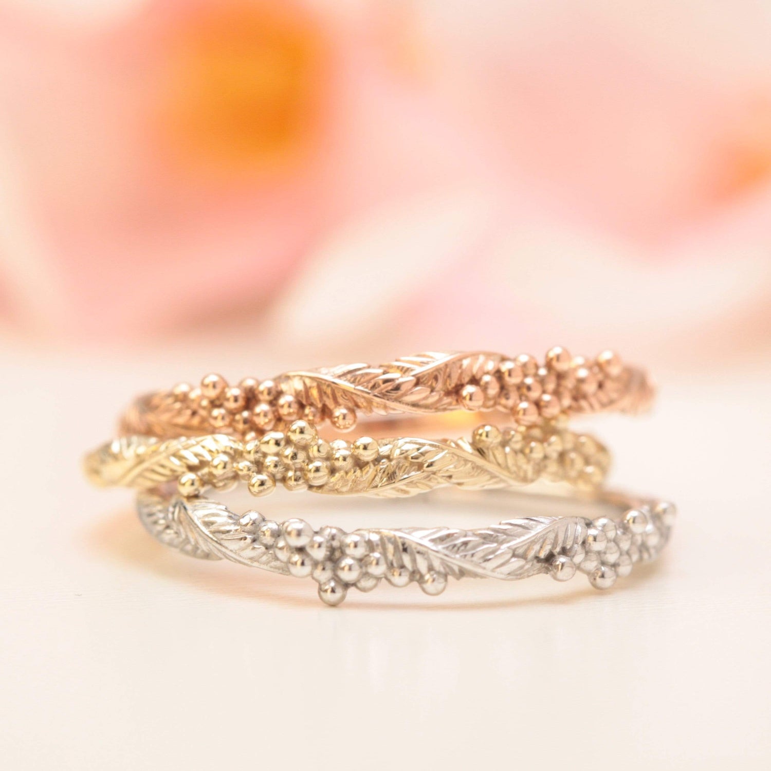 wattle flower leaf wedding rings 