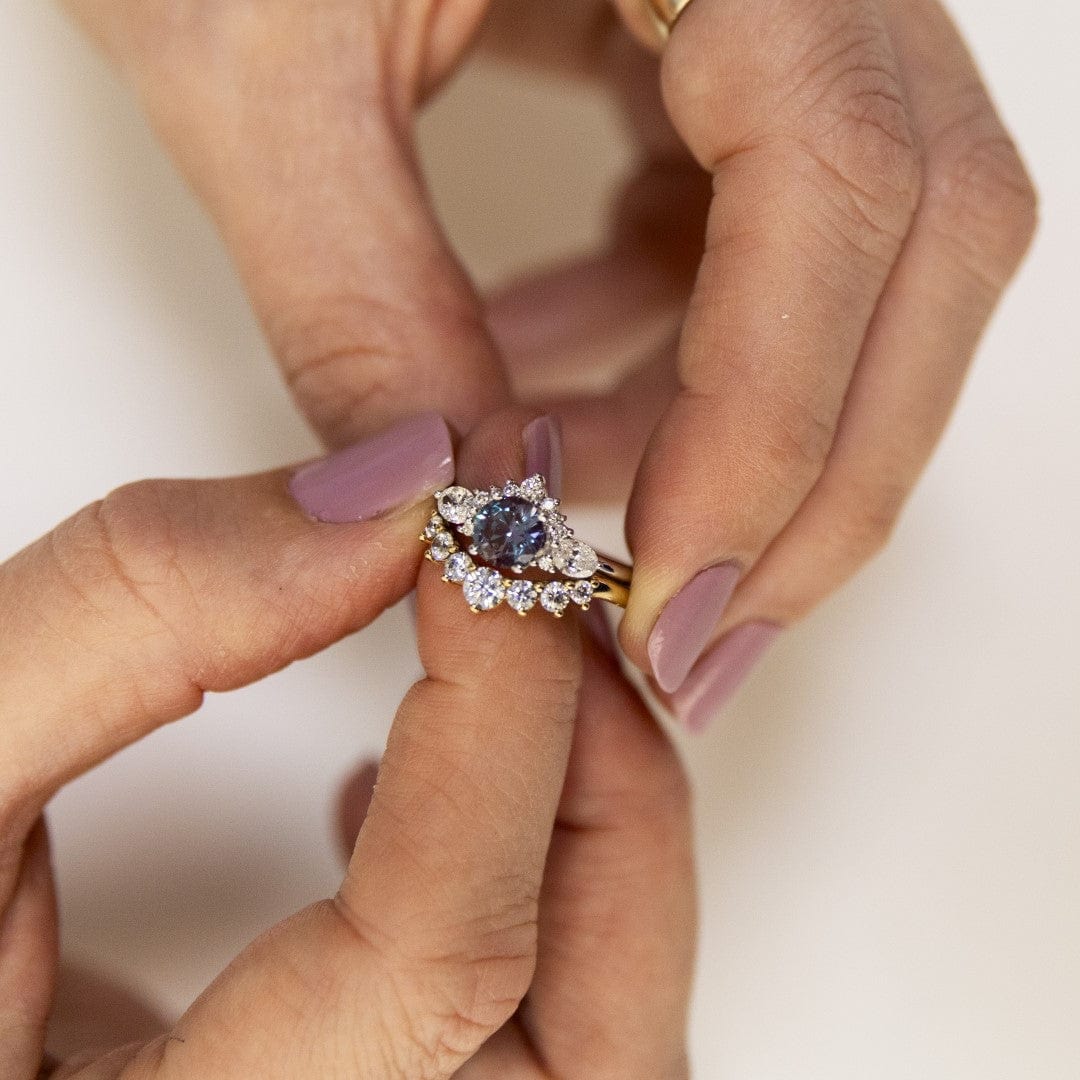 alexandrite and lab diamond cluster engagement ring with crown lab diamond wedding ring