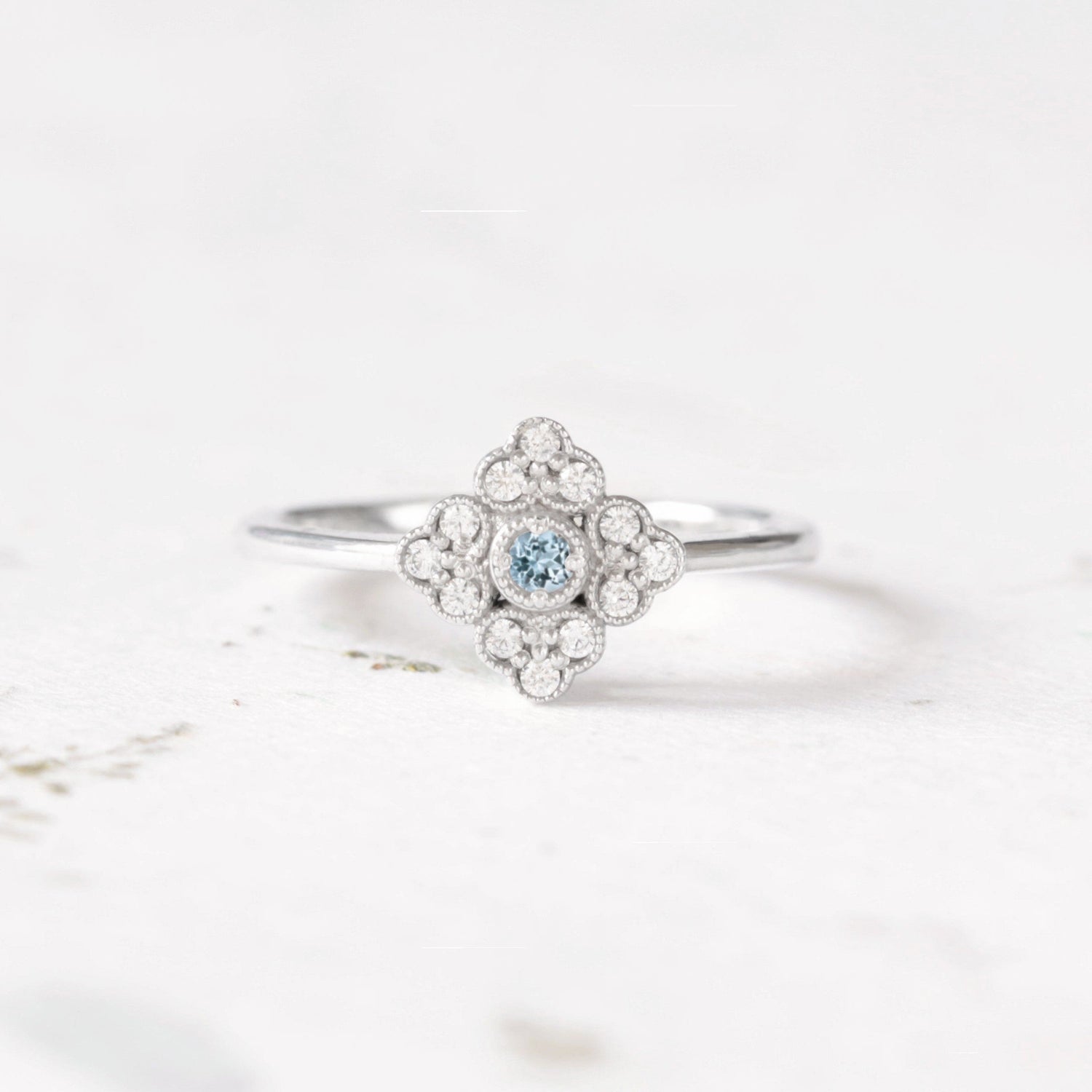 antique style aquamarine diamond engagement ring white gold
