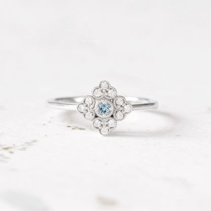 antique style aquamarine diamond engagement ring white gold