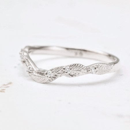 curved diamond leaf wedding ring white gold