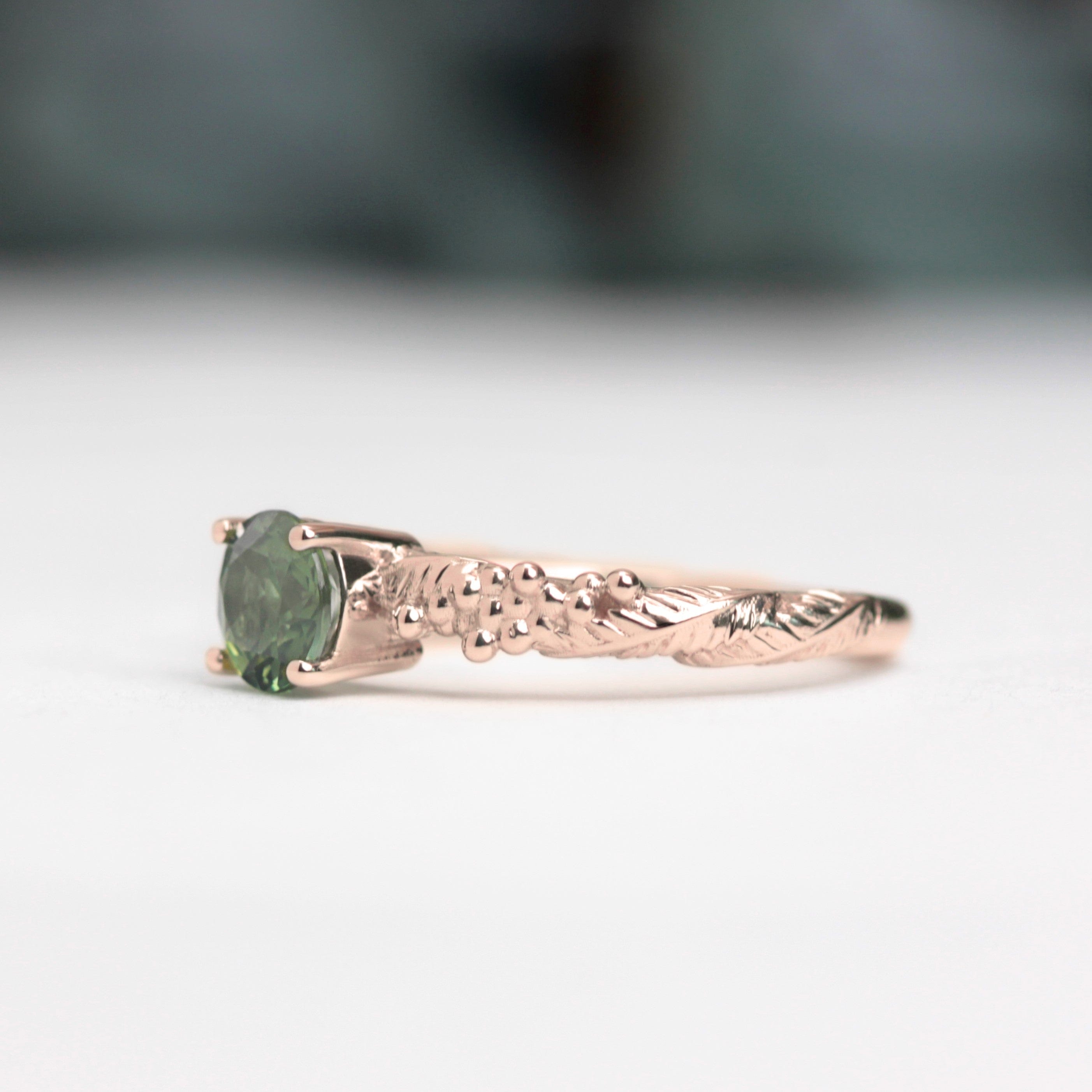 green sapphire wattle leaf engagement ring rose gold