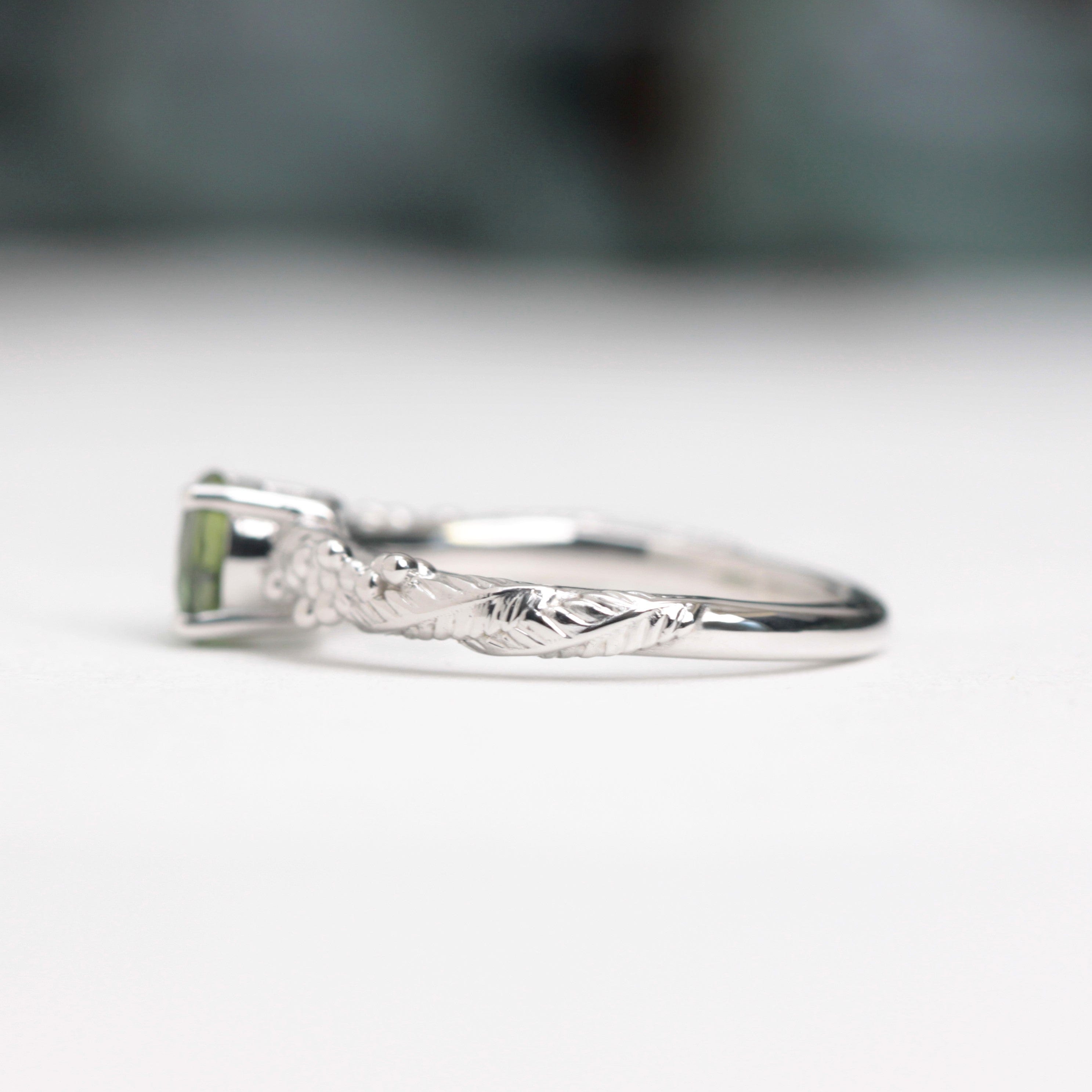 green sapphire wattle leaf engagement ring white gold