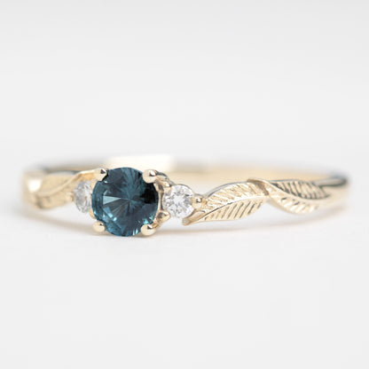 teal sapphire diamond leaf engagement ring yellow gold square