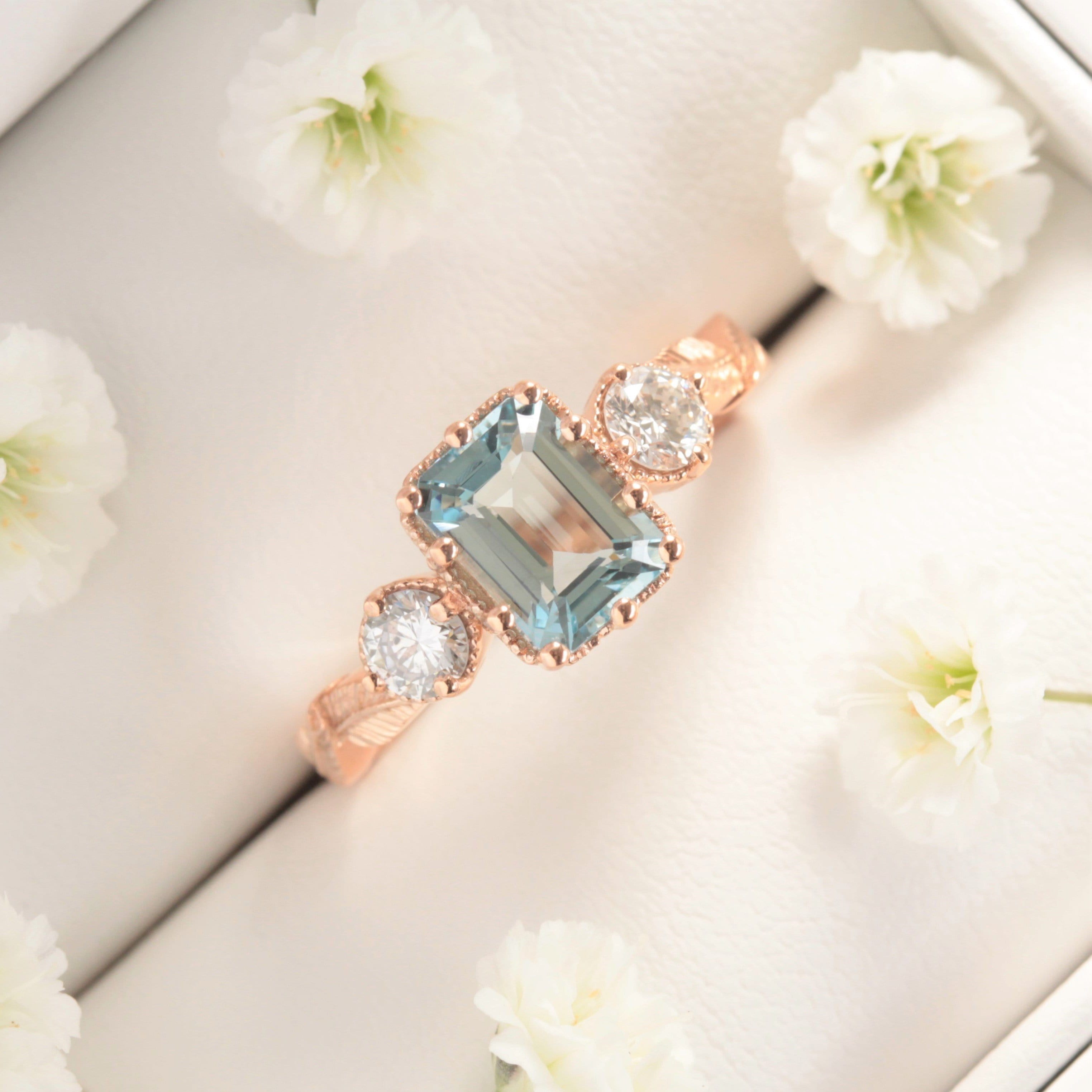 Emerald-cut Aquamarine Leaf Engagement Ring - Vinny &amp; Charles